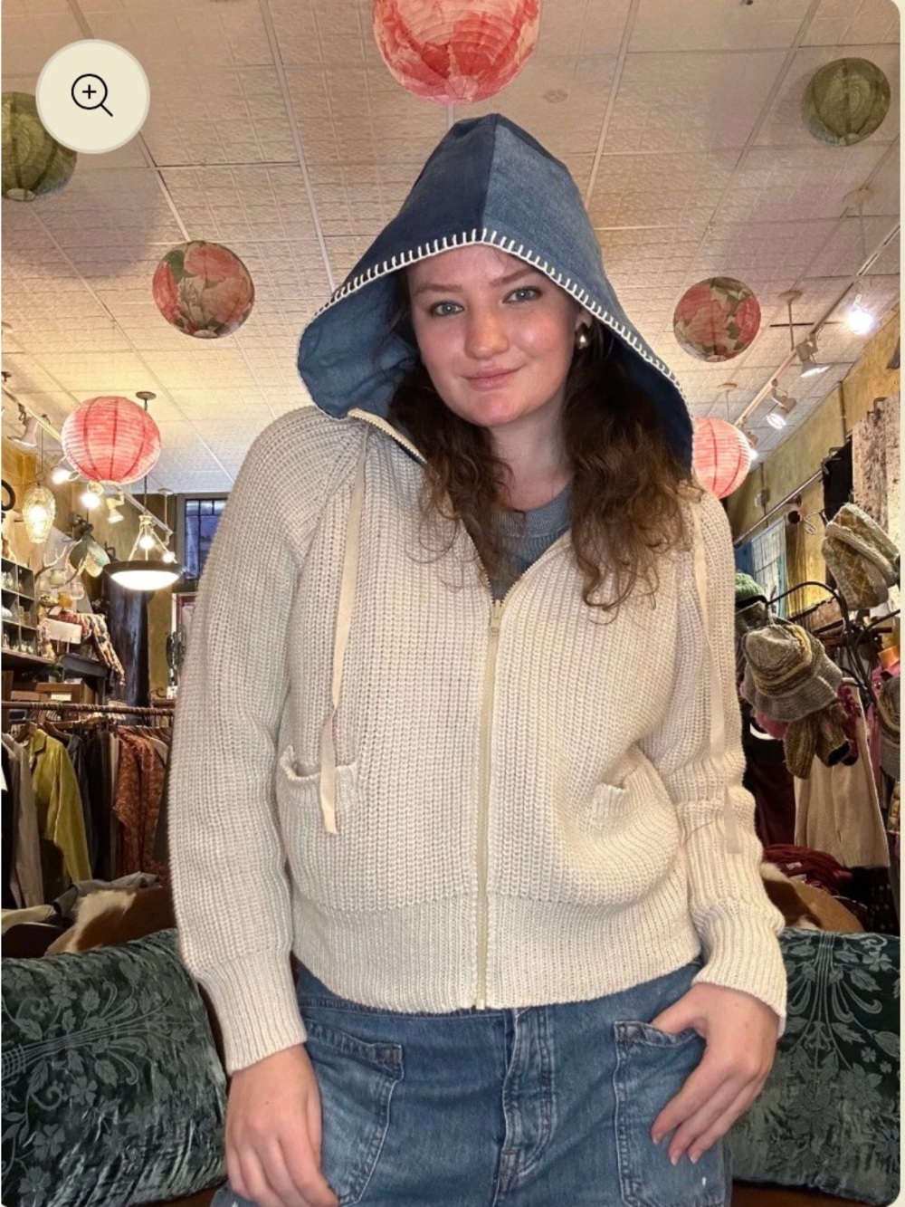 Shannon Passero Legacy Cardigan Cream Knit Zip Hoodie with Blue Jean Hood
